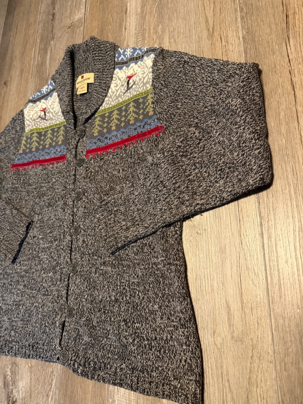 Woolrich Gray Shawl Collar Cardigan with Multicolor Fair Isle Yoke - Picture 4 of 7